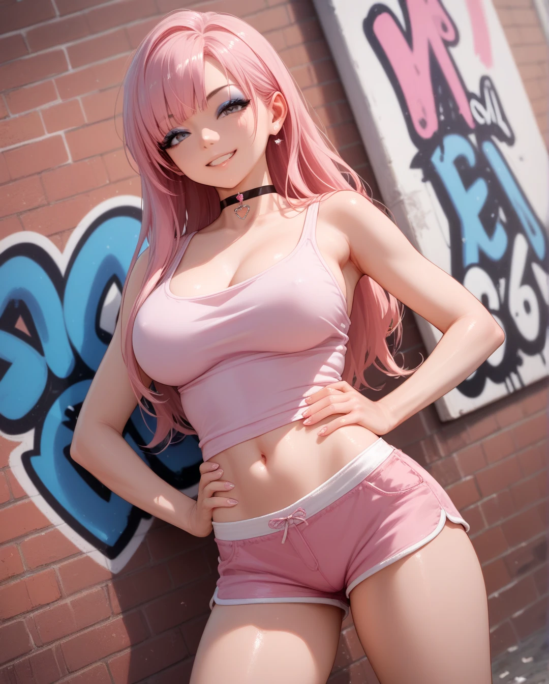 (Best quality, 4k, Masterpiece :1.3), beautiful woman, hyper realistic, 1girl, (droopy breasts, attractive body :1.2), sit-ups :1.1, long straight light yellow hair with fringes :1.1, ultra-detailed face, detailed lips, detailed eyes, double eyelid, tight short pink bra, open neckline, hanging breasts, side pose, visible curves, on the street, light blue and tight short jean shorts, muscular turned leg, Big breasts, light green eyes, pink high heels, open sky with sun, smiling, big ass, standing on his back looking back, show more ass, hands on ass, freckles on face, freckles on ass