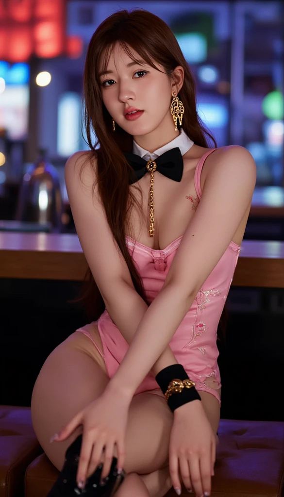 (Realistic、Photorealistic:1.37)、(8K、Raw photo、Highest quality、masterpiece:1.2)、The most beautiful woman in the world、Ultra-detailed、Heart-shaped pupils、Physically Based Rendering、Ultra-high resolution、Sharp focus、(((Correct Anatomy:1.2)))、((Pose with your arms tucked across your chest for emphasis:1.2))、(huge 、Cleavage)、((One Girl))、Highest quality、Highly detailed face、One Girl、Professional Lighting、((Bunny Suit、Black rabbit ears headband、A bow tie:1.2、))、Highly detailed eyes and face、Beautiful and fine details、double eyelid、Red cheeks、((Casino Background:1.3))、Nogizaka Idol、Korean Idol、Japan is an idol、(((Spread your legs)))、Black-haired、Blonde、((Lying on the sofa))