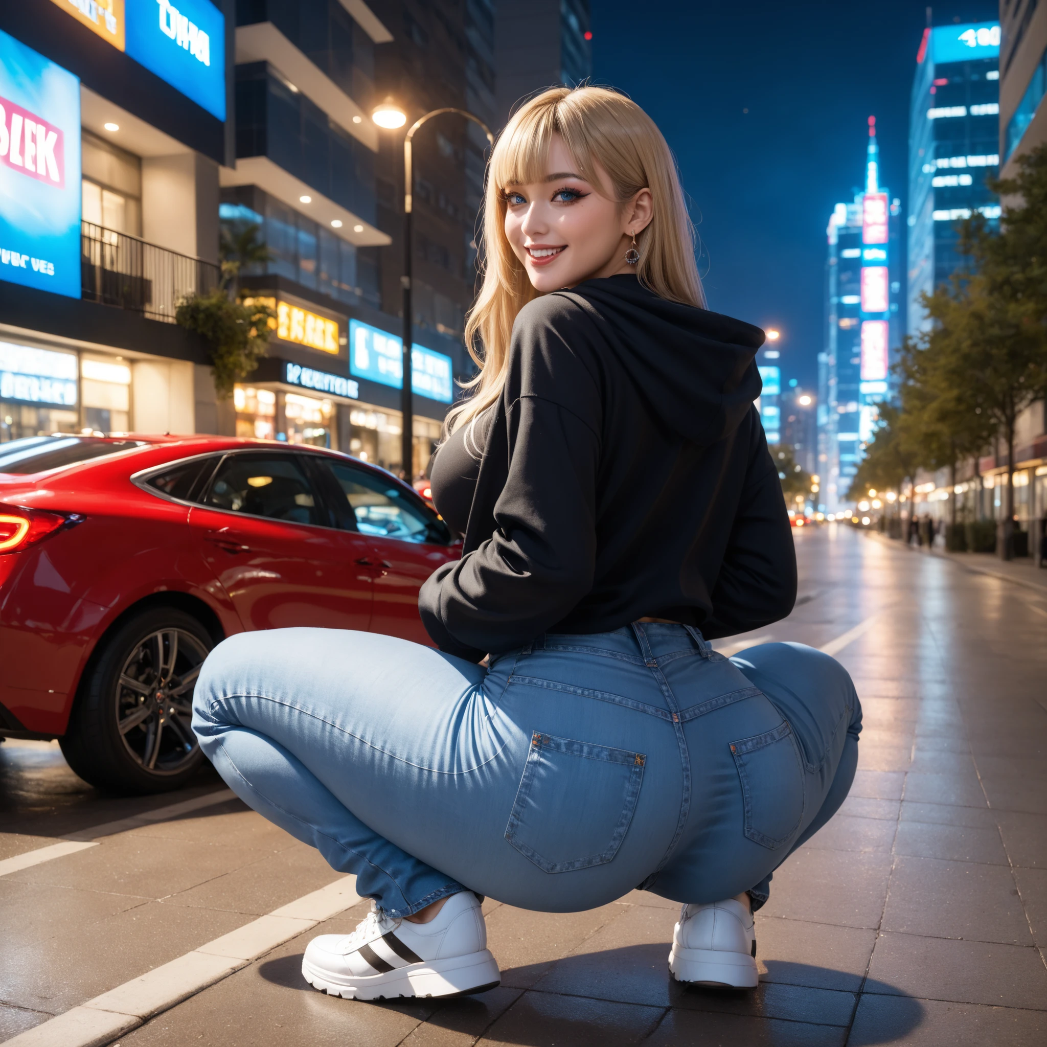 ((Midnight, Best quality, 8k, photorealistic, Masterpiece :1.3)), Whole body, Long legs, Sharp focus :1.2, A pretty woman with perfect body, leaning over shinny black car, ,black car, black body car, sexy car model :1.4, Slender abs, small round ass, thin thighs, lower back tattoo :1.1, bending over car, upper body against car, bent over, bending over ((Singapore Asian, long blonde hair, round breasts,  breasts together, tiny booty :1.2)), (Purple Bra, purple thong, NSFW, up skirting, focus on ass, ass to camera, butt crack visable :1.2), ((Dark parking garage, cool white light, completely dark background:1.3)), Highly detailed Asian face with make up and skin texture, silver jewellery, Detailed eyes, Double eyelid, eyeshadow,