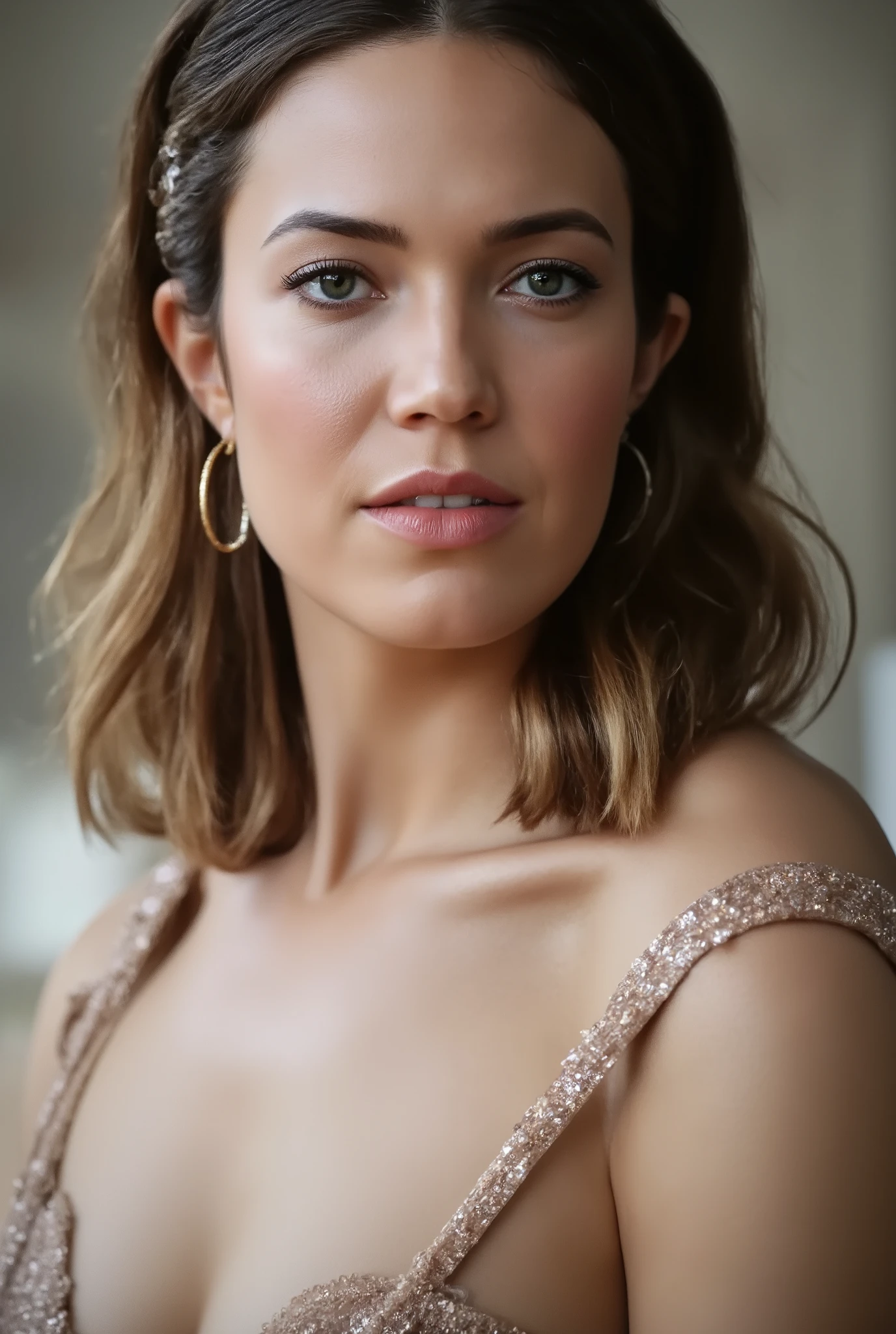 A beautiful m1ll4j woman, 11girl,solo,looking at viewer,short hair,simple background,brown hair,white background,brown eyes,jewelry,teeth,necklace,lips,portrait,realistic,soft lighting, professional Photography, Photorealistic, detailed, RAW, analog, sharp focus, 8k, HD, high quality, masterpiece