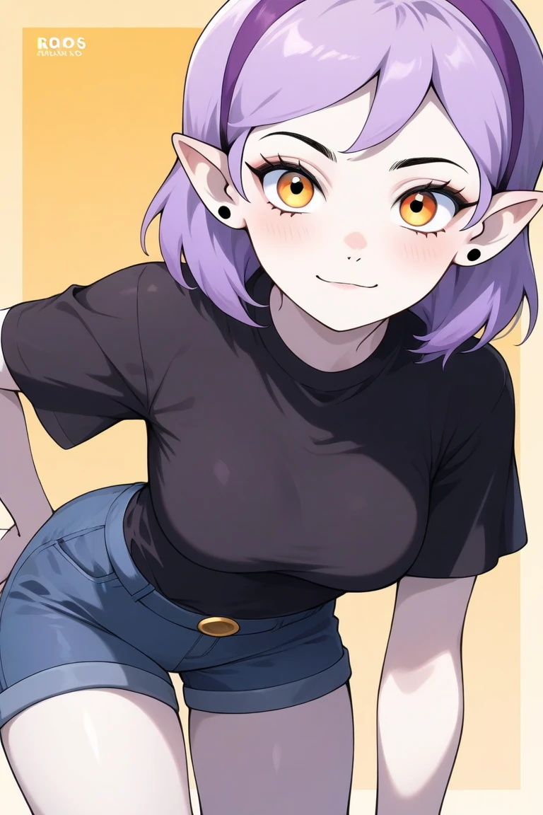 (masterpice, best quality), AmityBlight, makeup, black earrings, yellow eyes, short hair, (purple hair:1.4), pointed ears, black shirt, long sleeves, loose-fitting shirt, amulet, (red pants:1.5), lying on grass, seductive smile, naughty face, nose blush