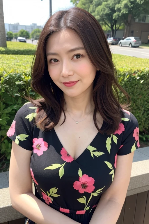 highest quality, masterpiece, High resolution, Photorealistic, RAW Photos, 8k wallpaper, perfection, ((One beautiful woman)), 40 years old, Sexy Woman, ((Gorgeous printed dress)), Cleavage, Upper Body, ((View your viewers)), Detailed face, Beautiful Eyes, ((Look forward)), (Upright posture), Sit upright without leaning forward, sitting on a park bench, Thighs, bangs, Shapely breasts, Straight hair, Short Bob Hair, Plump and glossy lips