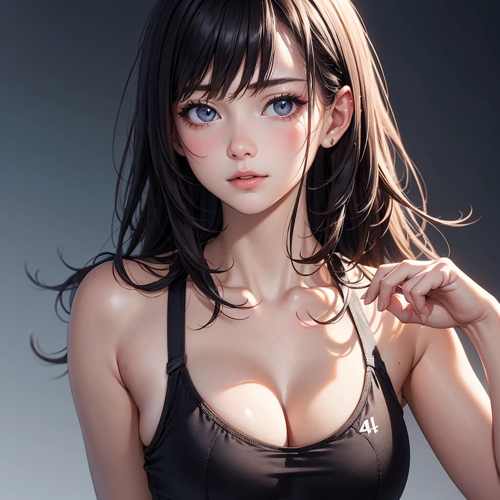(masterpiece, high quality, lifelike, Ultra realistic, Remarkably high quality, photorealistic:1.5), Anime Woman Hinata Hyuuga with long black hair wearing minimalist logo design bright colors, high quality, extreme quality, super detailed, Wide hips, Narrow waist, Close-up:0.6, Upper-body view, Looking at viewer, Large 36DD Breasts, Sexy, pretty