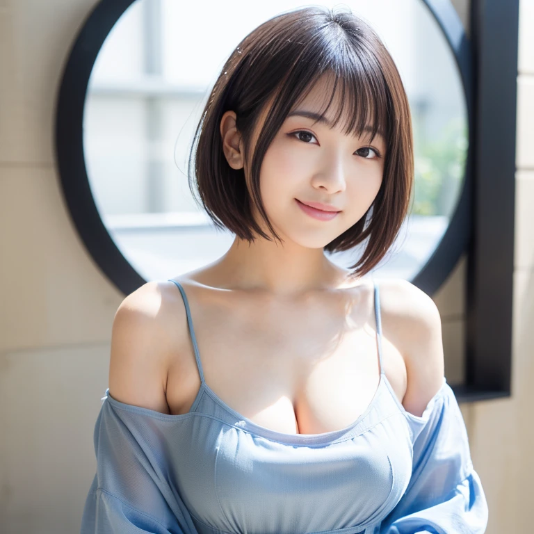 downbrouse、No bangs:1.10、straight flat chest:1.20, (leaning-forward:1.3)、(oversized T-blouse、Loose chest:1.5)、bra very.10, Pink areola is visible:1.20,  B Cup:1.20, Erotic, (top-quality、8K、32K、​masterpiece)、japanes、17 age、Very pretty girl、a beauty girl、crouching down、Bright smile、shinny skin、blurry backround、short-cut:1.10、Ear hooks:1.20, A dark-haired:1.10, Upper body close-up、Shot from above　embarassed expression,Alafed Girl, chiho, iwakura lain, closeup Iwakura Lain, With short hair, Shiori Teshirogi, Kotegawa Yui, hime-cut, She is 17 years old, sui ishida with black hair, lain iwakura, girl cute-fine-face, Clear pubic contours,(Small breasts), hight resolution, ighly detailed, top-quality, [​masterpiece:1.6],, ighly detailed, nffsw, finely detail, top-quality, , Cinematographic lighting, 1girl in、17 age、Cute Japan Girls、perfect body type、, Cute droopy eyes、Beautiful big eyes、ultra-detailliert、hight resolution、Transcendent beauty　top-quality、​masterpiece、majicMIX Real、(Raw photography:1.2)、(Photorealsitic:1.4)、Inside the café、Kamimei