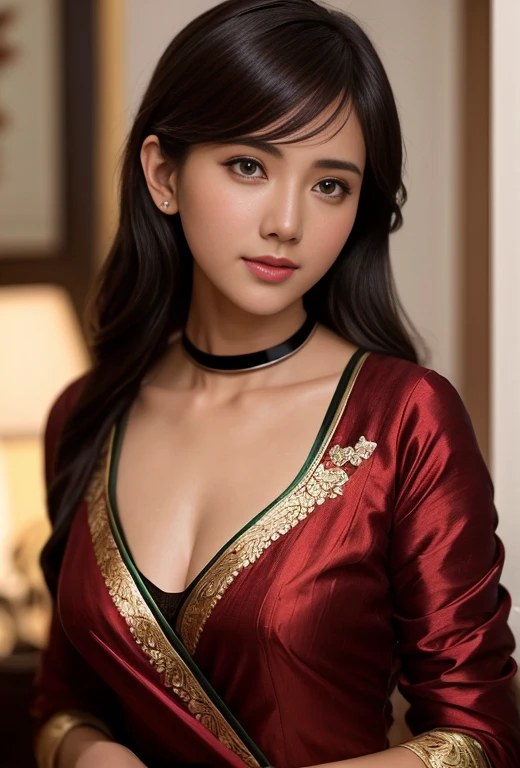 modelshoot style, (extremely detailed CG unity 8k wallpaper), full shot body photo of the most beautiful artwork in the world, stunningly beautiful photo realistic cute women, a hyper realistic ultra detailed photograph of a beautiful girl, (princess eyes,shiny pupils), detailed symmetric beautiful hazel eyes, detailed gorgeous face,highly detailed, vibrant,professional majestic oil painting by Ed Blinkey, Atey Ghailan, Studio Ghibli, by Jeremy Mann, Greg Manchess, Antonio Moro, trending on ArtStation, trending on CGSociety, Intricate, High Detail, Sharp focus, dramatic, photorealistic painting art by midjourney and greg rutkowski, face like Genelia, wearing red saree and blouse with matching fashion accessories