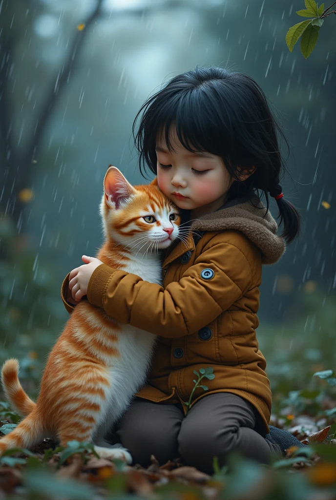 (Best quality: 1.23), (Masterpiece: 1.12), (Realistic: 1.24), In the rain, a little girl, holding an umbrella, holding a kitten