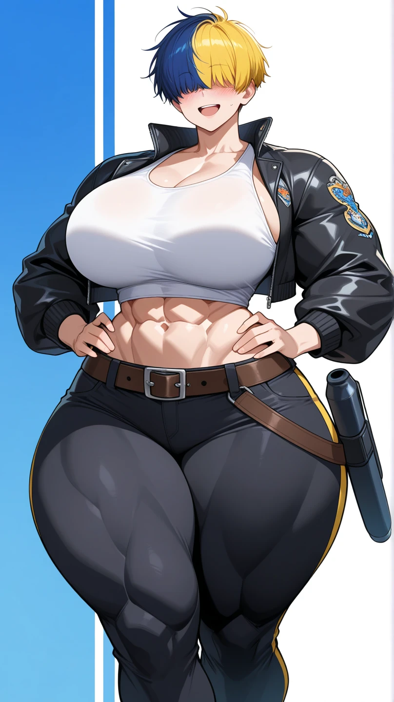 (masterpiece), best quality, expressive eyes, perfect face, 1girl, large breasts, heavy breasts, curvilinear waist, curvy wasit, thick thighs, tomboy, gothic, short hair, black hair, high waisted jeans shorts, brown jacket white shirt, printed shirt, black shorts, breasts larger than head, pale-skinned girl, soft-looking skin, blur background, female focus, White hair, black pantyhose, sidecut hairstyle, muscular thighs, muscular body, muscular female, muscular tomboy good hands 1k black glows 
