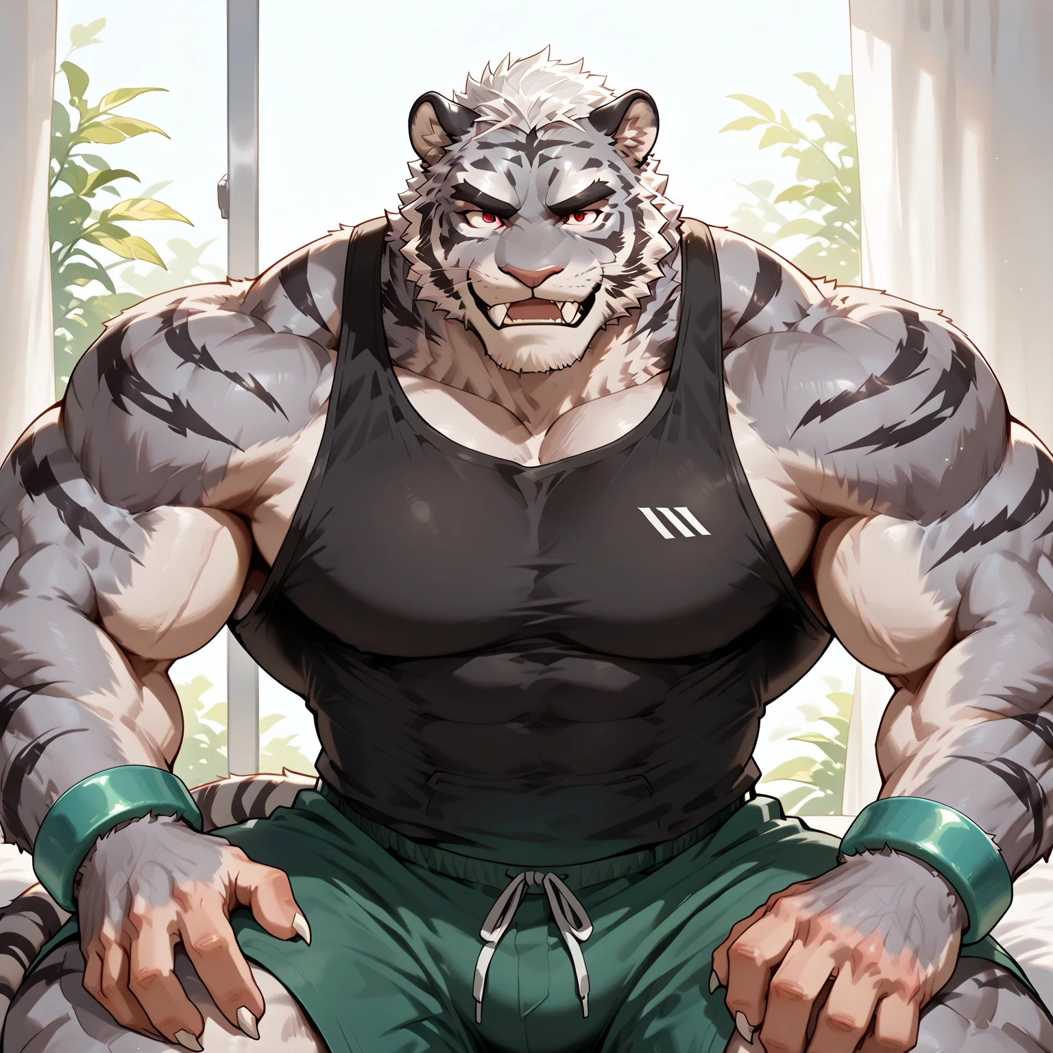 bynamic angle,depth of field, motion blur, absurdres,looking at viewer, (best quality), (masterpiece), (ultra detailed),(detailed eyes),sharp focus,japanese anime,manga,anthro male white tiger,(muscular),big fellow,huge body,((shirtless)), ((black gym shorts)), ((wrisbamds and gloves with no fingers)), sky blue eyes,handsome,gym,(flexes two biceps),by null-ghost,by traver009,by lindong,by pino daeni