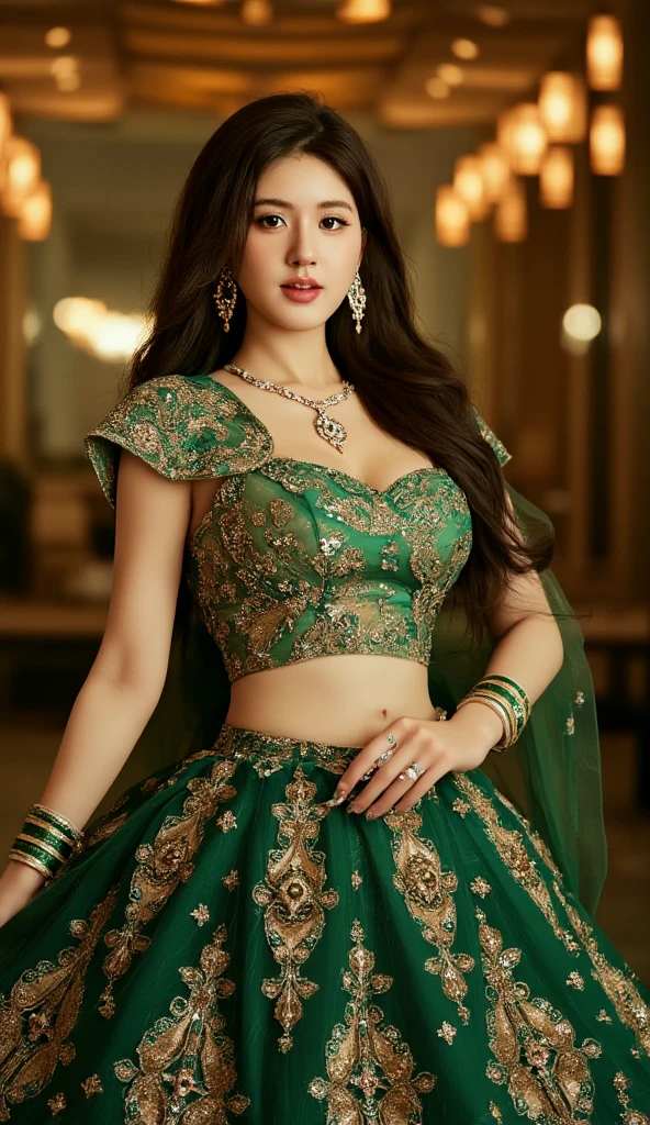 8K, HDR, masterpiece, detailed. 1girl, cute face, curvaceous, makeup, (huge breasts), straight hair, brunette. (Sari Wedding dress)), intricate clothes, full ornaments. (elegant look), elegant pose. style particles bokeh, at garden, crowded, ((SFW))