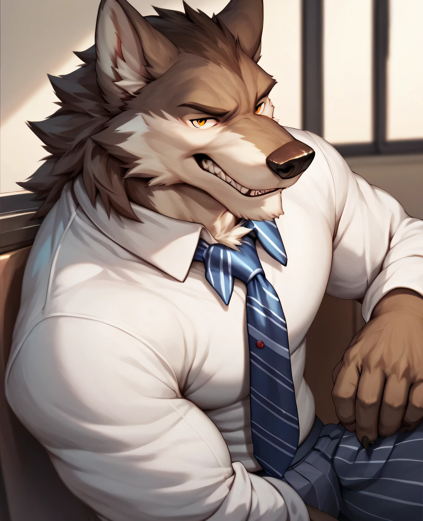 Anthropomorphic, male, wolf, high school student, wearing school suit.