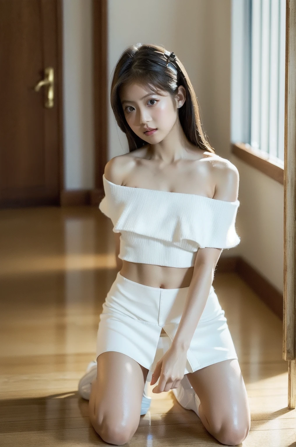 2 girls in a photo session in a photo studio,((very very anorexic girls)),((mejor calidad)), ((Obra maestra)), (detallado), ((fulbody)),14 and 15 year old girls in a photo session in a photo studio, very very very thin legs and very very very thin arms, (((very anorexic girls))),. ((full body)), ((plain background transparent white)), 85mm, (analog, cinematic, film grain:1.3), detailed eyes, painted lips, necklace, (epicPhoto), ginger hair,skirt((open on the sides)),curly hair with 2 pigtail, basketboll, ((short skirt,gym tank-top)), basketball clothing,((from below))