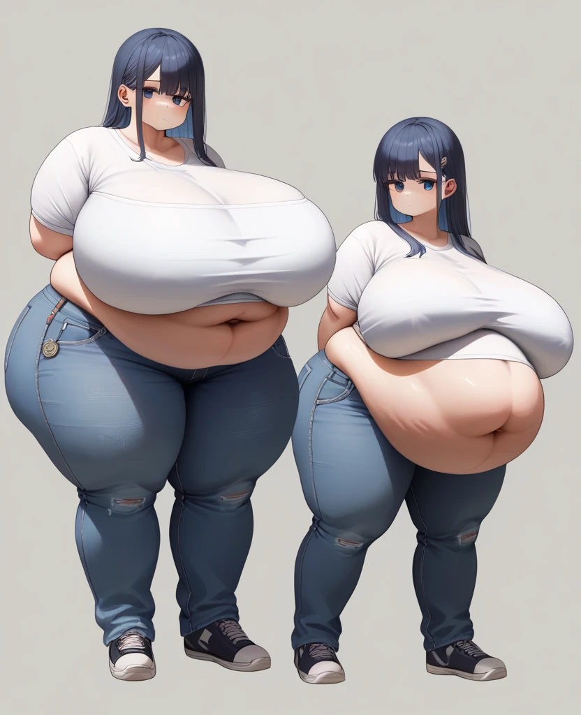 (high aesthetic)), highly rated, absurdres, absurd resolution, highres, high resolution, best quality, masterpiece, 1girl, ((solo)), shading, shadows, lighting, cellulite, blush, happy, looking at viewer, black hair that's shoulder length, dark brown eyes, bbw, with a large circular belly that's shaped like a big balloon, wearing a black t-shirt, wearing dark blue skinny jeans