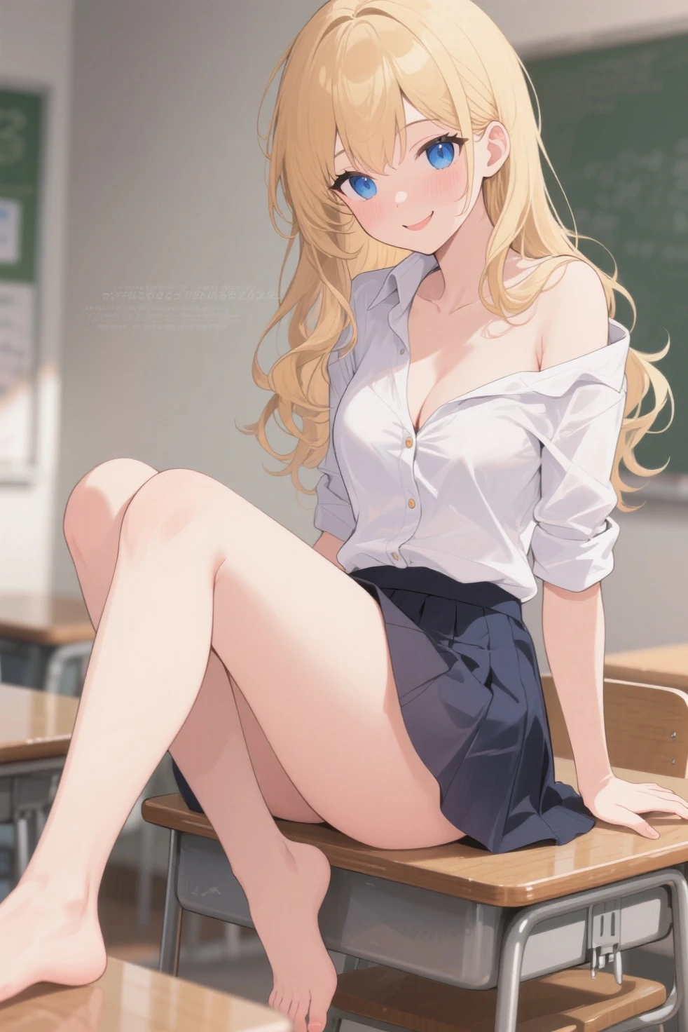 ((on stage)),((high school girl)),((school uniform)),((White blouse)),(((Pleated mini skirt))), ((A shy smile)),((Beautiful legs)),((Beautiful feet)),Ultra-high resolution, Mature Woman, Mature Woman, Very detailed, ((Big Breasts)), Perfect hands, Detailed fingers, Beautiful details, (((school uniform))),((Long blonde hair)),Black choker, Earrings,loafers,(Black Pantyhose), (Black Stockings),Perfect Eyes, Seductive eyes, School stairs,Are standing
