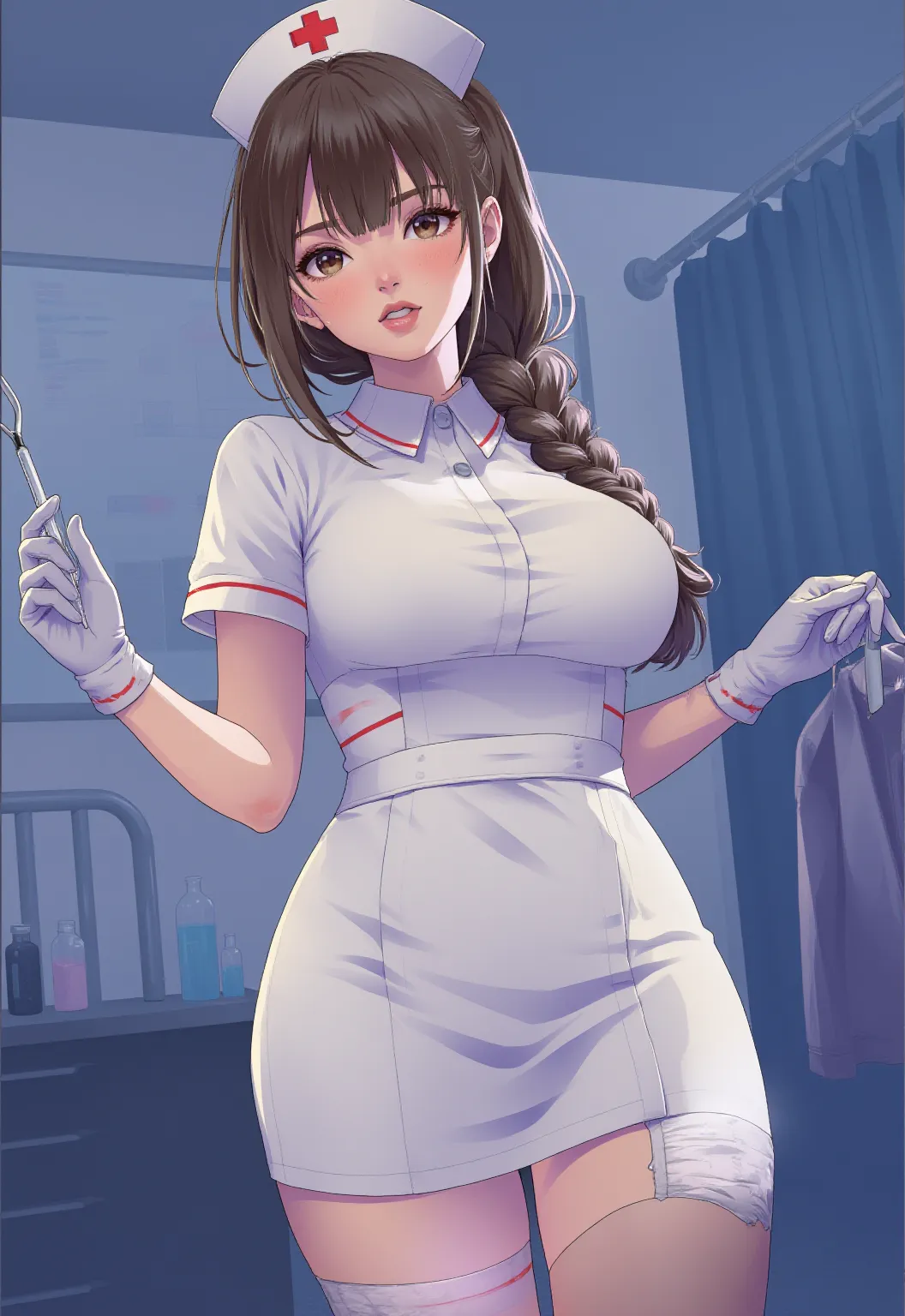 nurse uniform,hospital, latex nurse suit,nurses,busty,elbow gloves,labcoat,silverhair woman,blue eyes , gigantic boobs ,medical instruments,asian nurse,two nurses,speculum,examination room,oversize boobs, ,big ass ,strap on, lay on table ,legs spreaded,giving birth,gyno chair , dentist,Milf,
