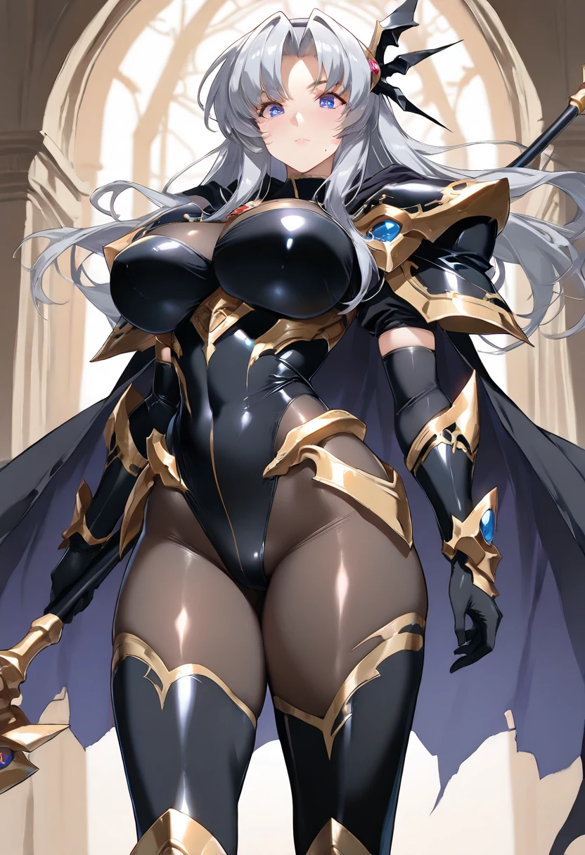 nsfw, senki zesshou symphogear,anime screencap,official art,pov,anime screencap,official art,one woman, gigantic breasts,Fine gold decoration, bare breasts,(cloak),BLACKdress armor,Plunging armor, leotard armor,black stockings,open legs,Blue Hair,short hair,sword,city