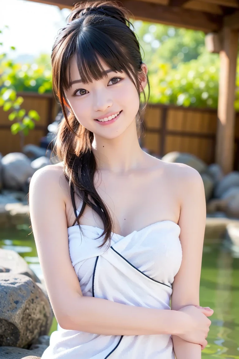 ((1 person)),((Photorealistic))), ((AKB 48))), (Full body photo)), looking up from below, twilight, facing away, ((((lens flare)))),((Backlight)))))), ((in the forest)), ((clear stream deep in the dark mountains)),((Rock in the background)),((smiling),((NIKON Z))), (19 years old),( Small bust)))), (((White dress)))), ((((Pore feeling)))), (skin feeling))))), (Photorealism: 6, Realistic))))), (sideways and turning around pose))),Perfect chest shape, bare buttocks, side ponytail, ribbons, hair ornaments, pale skin, looking at the viewer, small waist