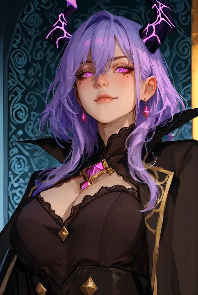a sexy milf with a blindfold on, has long purple hair, wearing fur lined sheer robe, breasts, showing cleavage