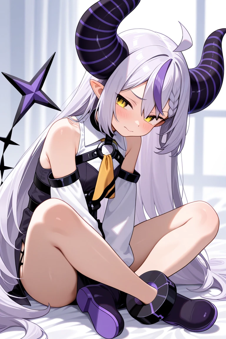 White hair, horns, white skin, boy, glowing eyes, yellow eyes, long ears, full body, ass, ass focus, presenting ass, femboy, trap, legs spread, penis, balls, 