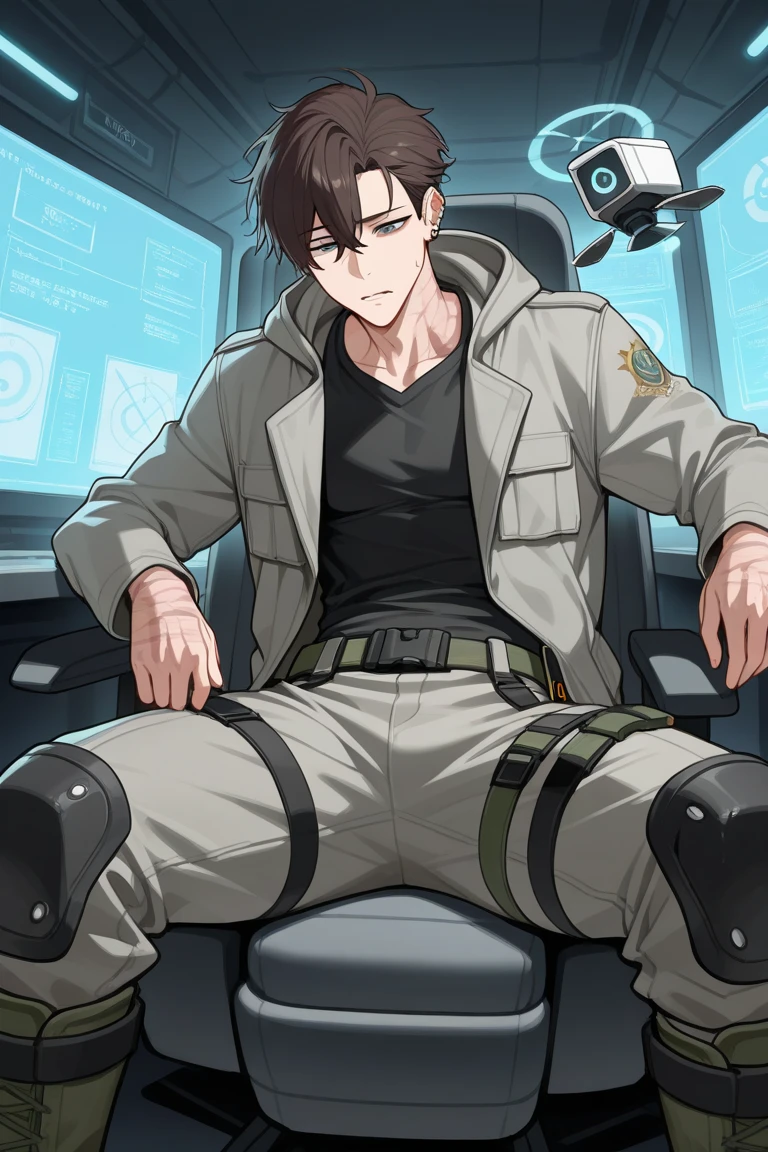 safe_pos, score_9, score_8_up, score_7_up, score_6_up, perfect , perfect proportions, best quality, masterpiece, high_resolution, high quality, best aesthetic, incredibly absurdres, highres, extremely detailed, huge filesize, solo male, adult, mature, masculine, manly, handsome, charming, alluring, upper body, dutch angle, cowboy shot, source_anime \(Sakugan\), anime coloring \(Sakugan\), Gagumber \(Sakugan\), SKGGagumber, brown hair, two-tone hair, sideburns, facial hair, stubble, green eyes, thick eyebrows, SKGGagumber_outfit03, white tank top, male , boxer, blue bengal stripe boxer, grey socks, , , low angle, dark backgound, photo backgound, loose boxer, grey socks,  tights,  legs, legs hair, leg_spread, sitting, blush, grin, mecha cockpit, operator's seat, holding mecha joystick, multiple monitor screen, science fiction