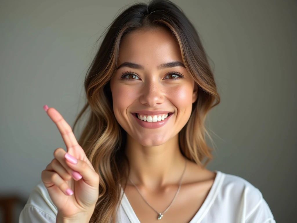 Woman smiles forward and points finger to the side