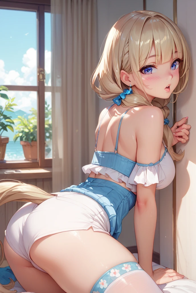 (masterpiece:1.2), (Highest quality:1.2),, Curvy but slender body, Perfect Eyes, Perfect Face, Perfect lighting, , library,(Frilled dress),(I can see your thighs),(Side shot),(You can see the lines of your body),(Cute Smile),Curly Hair, eye shadow, Thick eyelashes, Fantasy, whole body、Bright and beautiful face、Young and shiny white glossy skin、Ultimate beauty、The most beautiful light blonde hair in the world、Thin Hair、Long Hair、beautiful shiny bangs、Bright Blue Eyes、Very beautiful and lovely 35 years old, The most beautiful in the world,Twin tails,I can see your butt