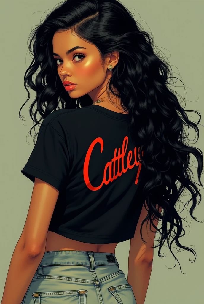 Masterpiece, ultra detailed comic drawing of 1girl,harmony wonder, long black hair, wearing causual black shirt and short, watercolor, 8k, art by Manara, high resolution, perfect face and body