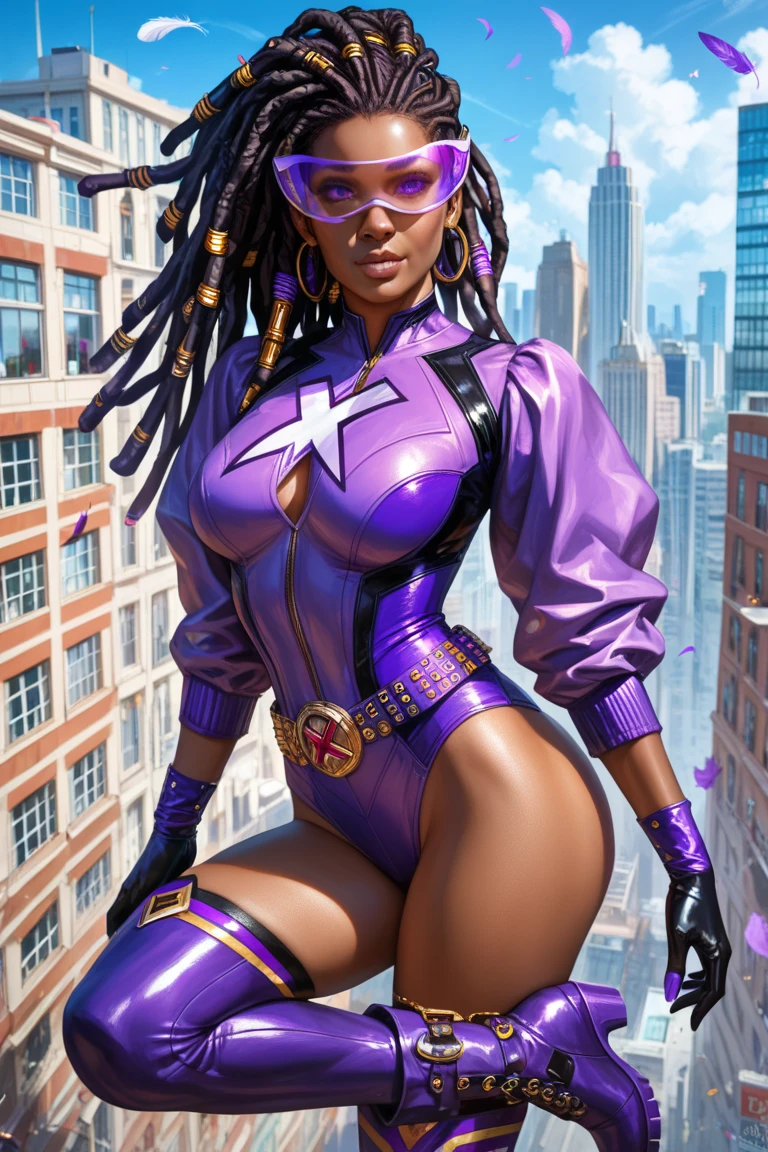(Concept Art) of an (African-American) female, with dark (black dreadlocks), purple eyes, dark (brown skin), (pointed ears), (slutty assassin), sexy black attire, (lust) demon, (medium shot), perfect composition, hyper-detailed, 8K, high quality, (perfect eyes), trending art, sharp focus, studio photo, intricate details, (Pin-up) pose