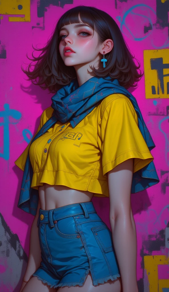 (best quality:1.5, highres, UHD, 4Kj, detailed lighting, shaders), multicolored curly haired, gradient hair, large breasts, suit, gray shirt, black T-shirt, social shirt, short skirt, mature woman , (pov), white background, colorful eyeshadow, dramatic lighting, sparkling eyes, sensual expression, golden earrings, flowing hair, delicate facial features, yellow skin, high cheekbones, urban setting, white background, dont look for the camera, behind the camera
