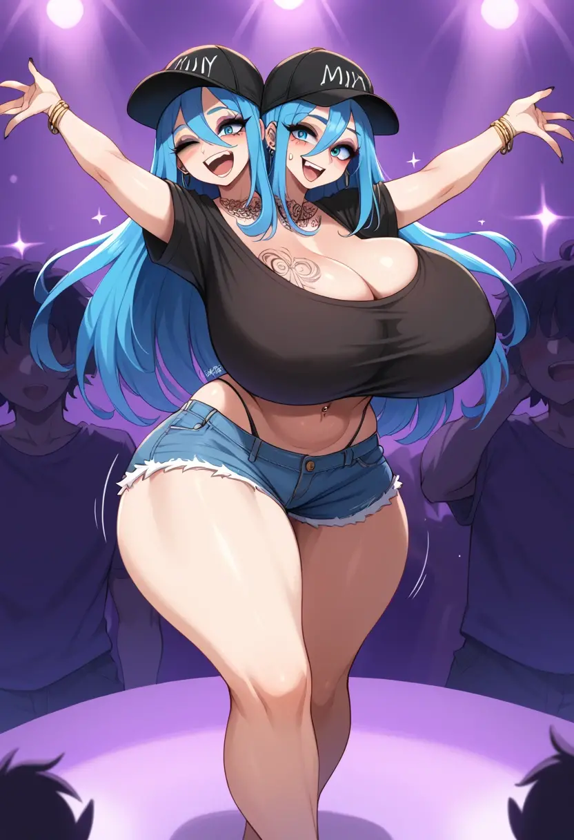 2heads, a tall skinny woman with 2 heads. She is dancing in a dark crowded nightclub. Enormous breasts. She has long straight blue hair. She is wearing a band t shirt. Wearing shorts. Wearing snapback hat. Massive fake perky breasts. Blushing, cute mature face. Skinny, huge breasts. Spunky. Many tattoos and piercings. Thick eyeliner. Gigantic tits, enormous massive boobs. Dancing, tits swinging around. Breasts flailing wildly. 