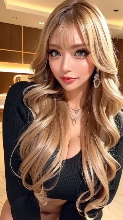blonde、curly hair、gal makeup、fluffy eyelashes、big breasts、Are standing、valley、stand up、long legs
