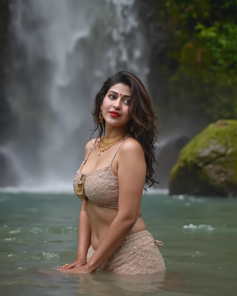 Day scene, close up photo of a sexy latina from back view, posing under waterfalls, sexy back, black bra, big cheeks, wet ass, ponytail hair, necklace, erotic face, 30 yo, look at viewer and smile, (cinematic:1.3), intricate details, (ArtStation:1.2)