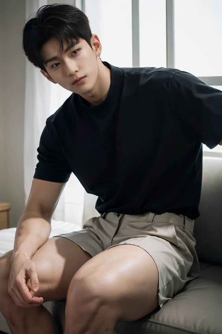 solo , 1man , thai man Sitting , blue shirt , black jeans , happy face , sit