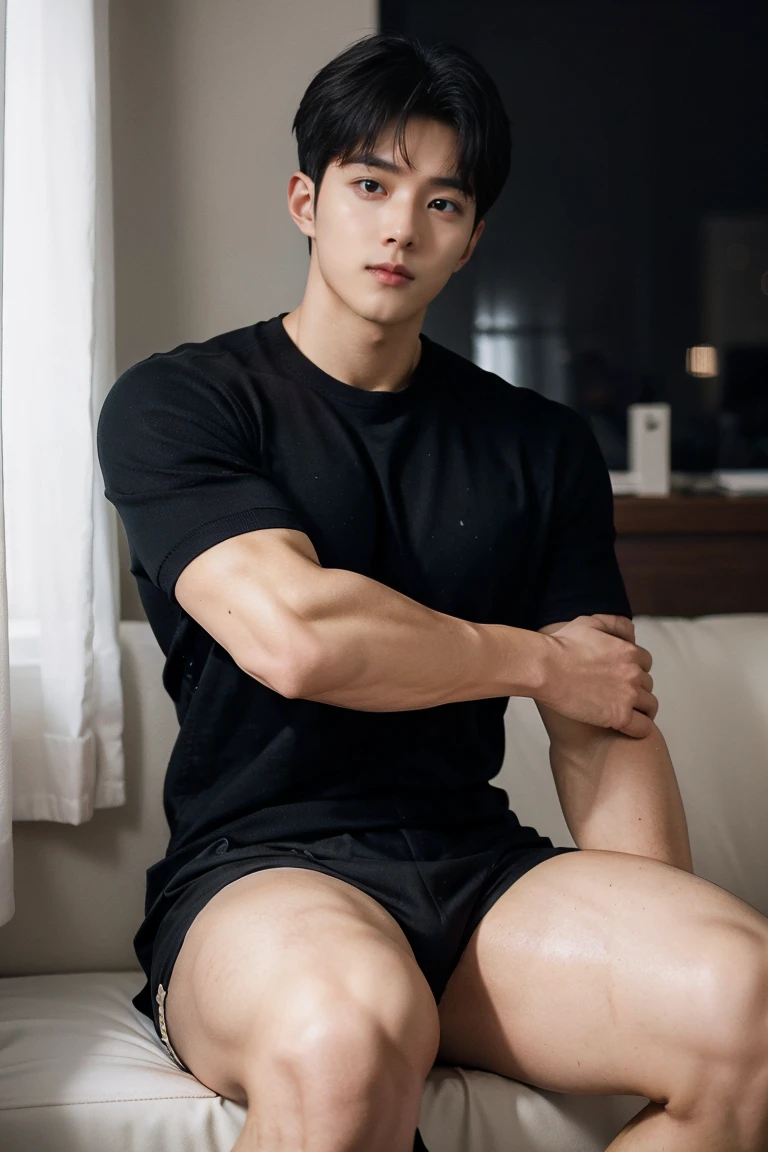 (best quality:1.4), (ultra highres:1.2), (photorealistic:1.4), (8k, RAW photo:1.2), Realistic handsome Japanese guy, muscle, fit, 18 years old, with black hair, shirtless, topless, wear jockstrap underwear, briefs, white underwear, bedroom