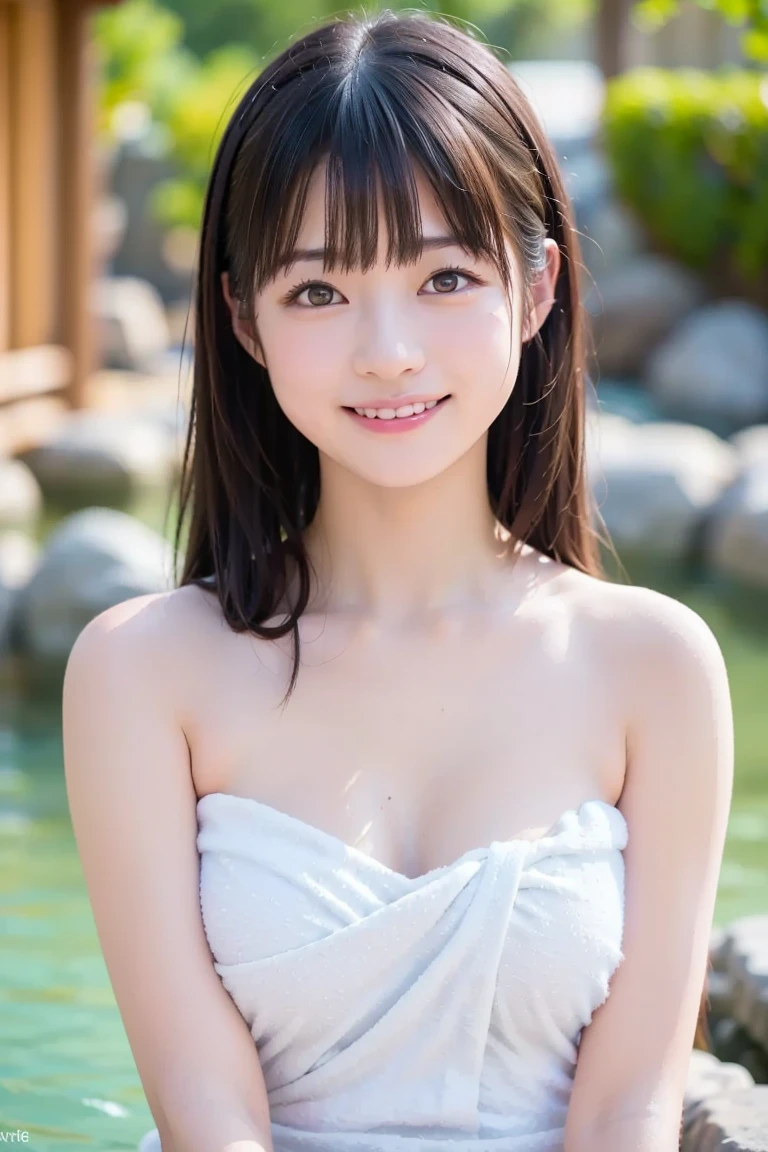 (((Entering the hot spring without noticing the camera)))、Tabletop, Highest quality, One Girl, (beautiful girl, Cosplayers:1.2), (:1.2), Definition of very fine particles, (Symmetrical eyes,droppy eyes:1.3), Browsing Caution, (hot spring, , Covering the body with steam,bare shoulders:1.3), She is hiding her beautiful breasts with her hands,cleavage,slender waist,abs, Brown eyes,Parted bangs, Brown Hair, Upper teeth,toothy big smile