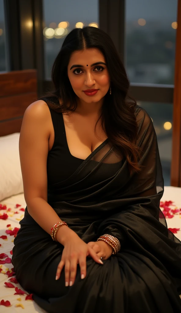Maya Ali, horny, spread pussy, caressing breast, inviting viewer, large dark comfy bed, sex toys
