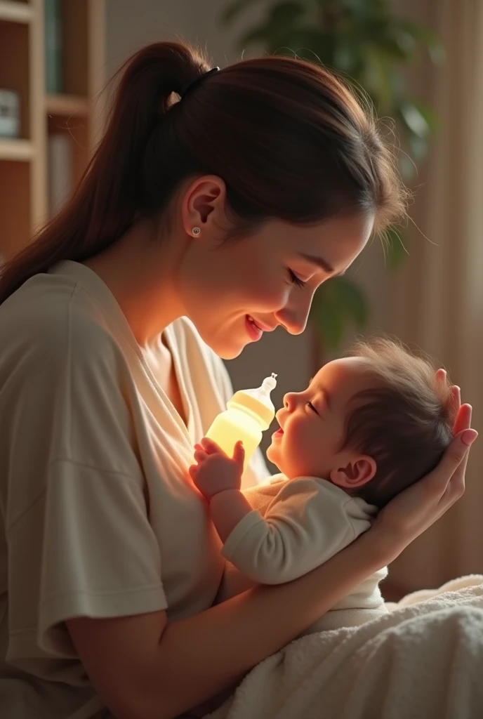A serene room with soft lighting, where a young mother is expressing breast milk into a bottle. She sits comfortably, perhaps in a nursing chair, with a baby either in her arms or sleeping nearby. The mother's face shows peace and love. Milk flows gently from her breast into a clear, transparent bottle, creating small droplets on the inside of the bottle. The atmosphere is quiet, possibly with the gentle sound of lullabies or just the soft breathing of the mother. The scene exudes warmth, naturalness.