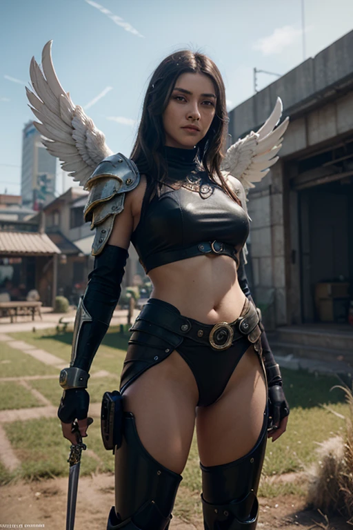 nitara, black hair, green eyes,hair bun, hairpin, demon wings, black bra, red cloth eyepatch, gold trim, red sleeves, black underwear, red thigh boots, looking at viewer, serious, seductive smile, sitting, on rock, legs raised, outside, field,tree, dusk, sunset, high quality, masterpiece, <lora:nitara:.8>