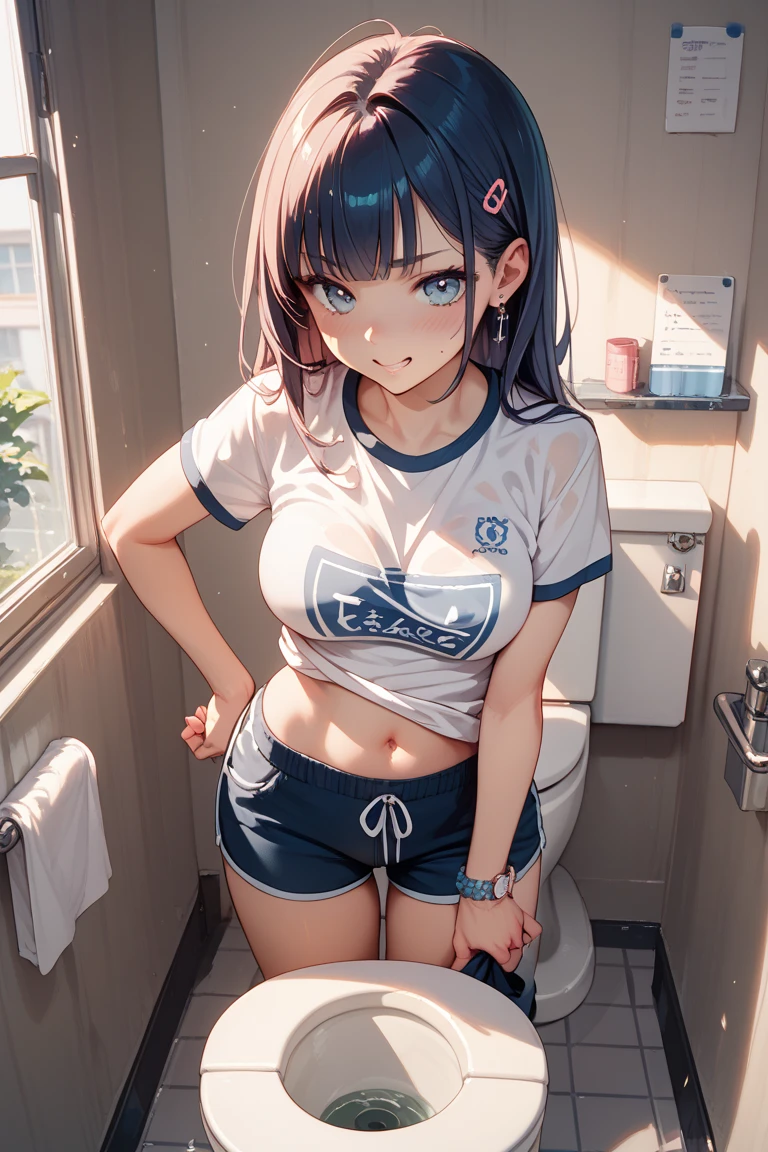 Highest quality、Realistic、、zoom、Primary school students、cute、Light grey eyes、Black Hair、short hair、Tanned brown skin、Dark Skin、Light blue bra with small character print、Light blue panty with small character print、A seductive smile、Flat Chest、。low length、Bust Shot、shower room、