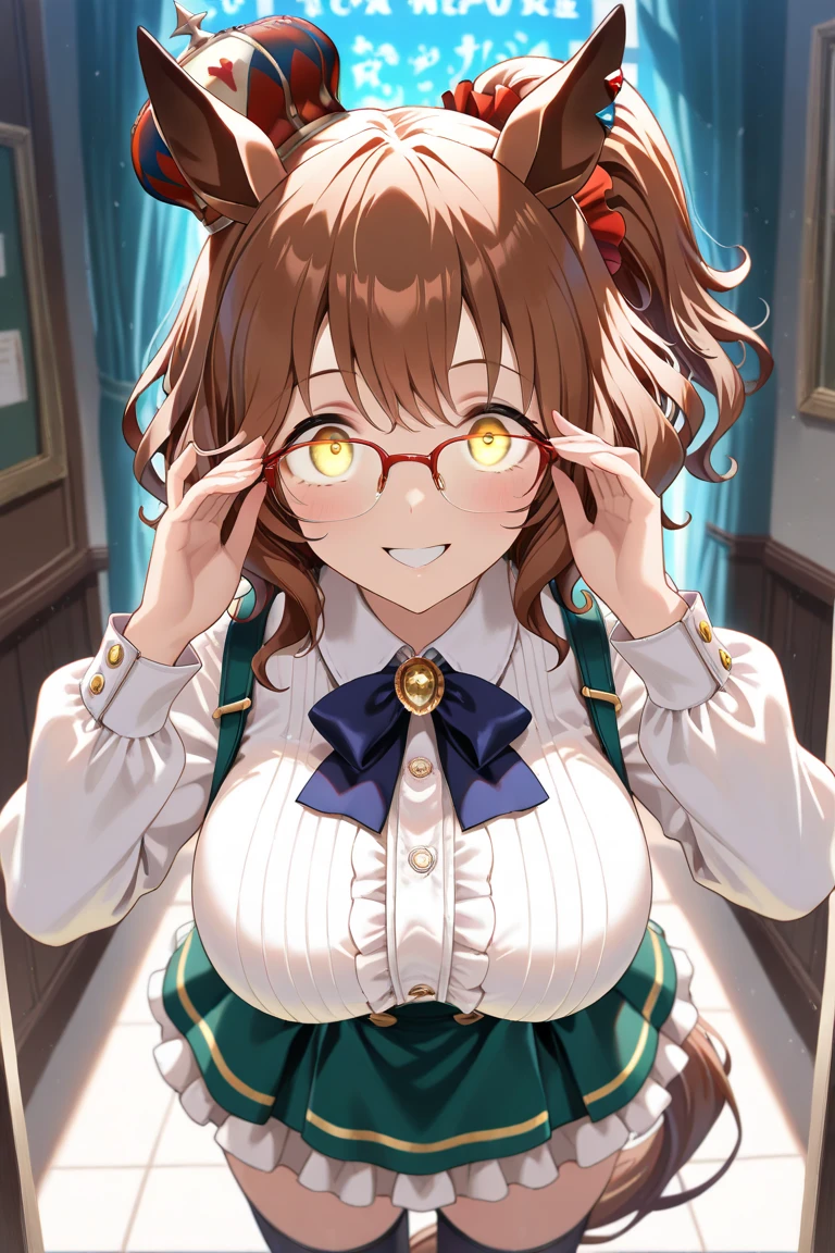 ((masterpiece, best quality))
aston machan \(umamusume\),
smile, large breasts, upper body,
long sleeves, white shirt, frills, green skirt, button, black thighhighs, suspender,
espectacled, red-framed eyewear, red hat crown,
crazy eyes, glowing eye,
<lora:astonMachanUmamusume_v10:0.6> <lora:crazy face_constricted pupils_crazyExpressions:0.8>