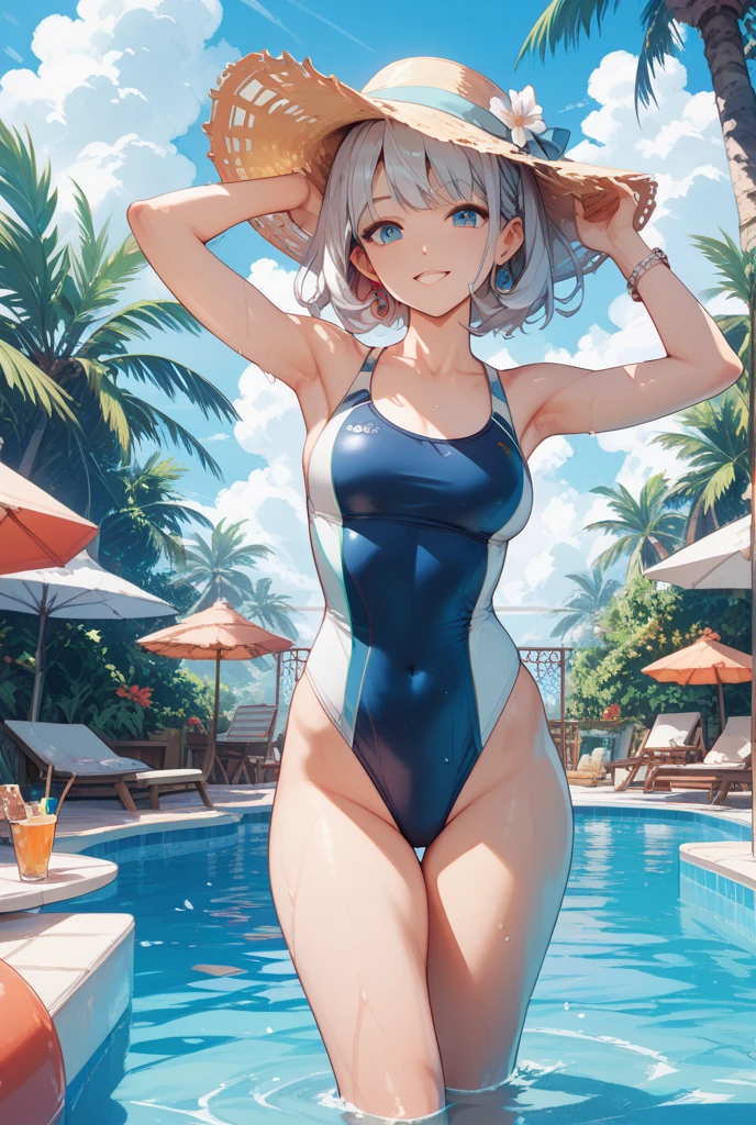 (((There are lots of people in swimsuits in the background)))、(((Silver bob with a bluish center))) (Square frame glasses)、 (((Sparkling blue eyeid-chest)Separate swimsuit))(Background sunset beach)