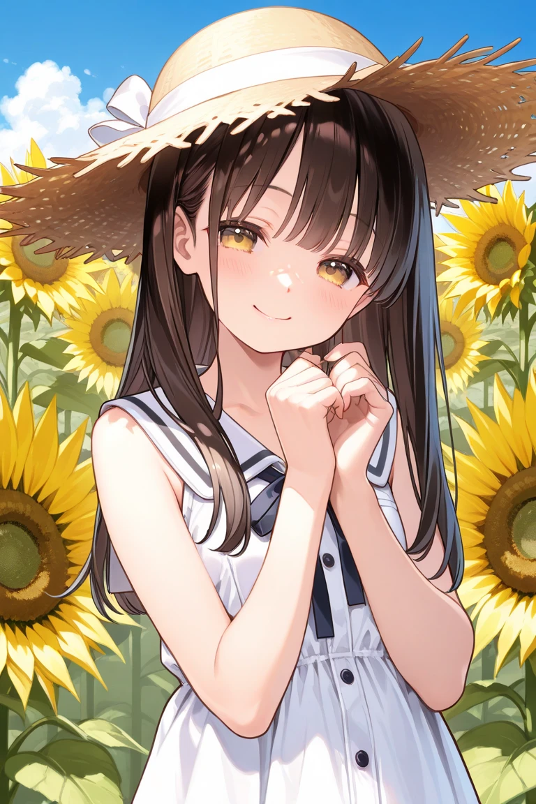 (masterpiece, top quality, best quality, official art, beautiful and aesthetic:1.2), (1girl, cute:1.2), extreme detailed, colorful, highest detailed ((ultra-detailed)), (highly detailed CG illustration), ((an extremely delicate and beautiful)),(outdoors, Nature, country, mountain, hat, black hair, long hair, blue eyes, large breasts, light particles, lens flare, depth of field, sparkle, bokeh, dappled sunlight, day, serafuku, school uniform, trekking shoes, ribbon choker, sunflower:1.2), <lora:flat2:-1>, <lyco:age_changer_last:1.4>