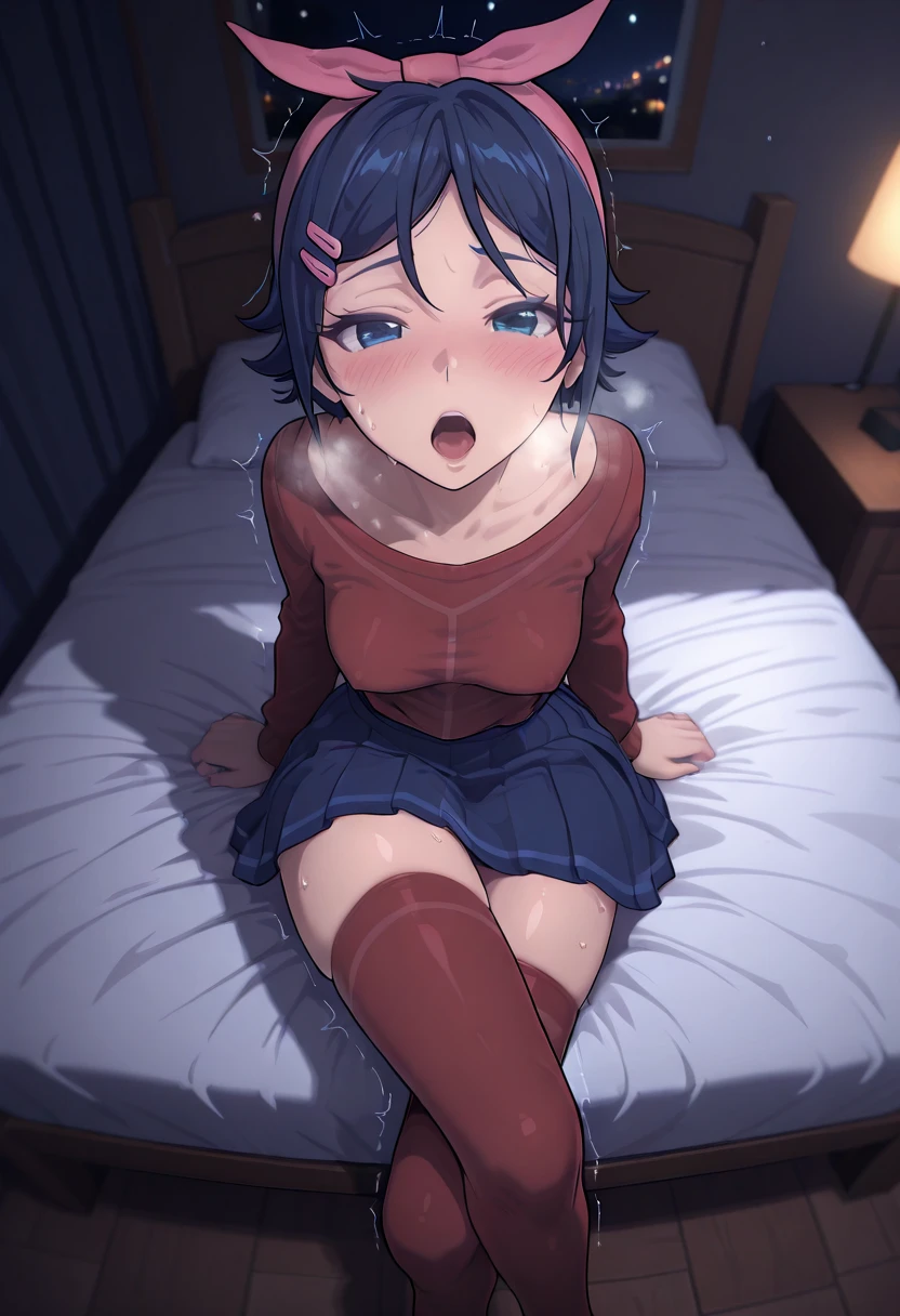 Nakano miku,brown hair,hair between eyes,blue eyes,exposed body,sitting on bed,open legs,wet legs,female masturbation,hand on pussy,wet bed,pleasure,blush,open mouth,drooling,medium breasts,exposed breasts,thick thighs