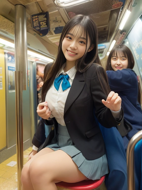 Japanese women,high quality, 32K Full HD,Live-action adaptation,Muscularなリアルな顔,Realistic texture,16 years old,alone,Muscular,high school girl.mini skirt,uniform,shirt,check,tie,Audience,Front view,in the train,Squat down and spread your legs,Raise your arms behind your head,Sticking out tongue,Excited,Look Up