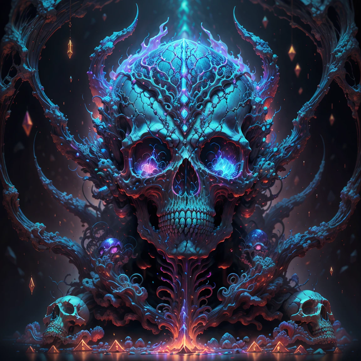 Calligraphy style, A japanse tattoo, A traditional japanese tattoo, Masterpiece, High quality, ultra details, A perfect skull with Japanese wave background and violet fire effects, skull, skull, skull, Upper arm tattoo, perfect skull anatomy, Super detailed, professional design by tattoo artist, Violet fire effects,