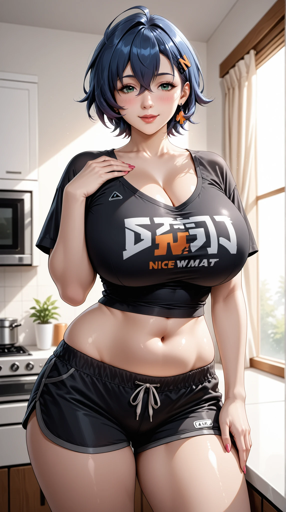 masterpiece,highest quality,Very detailed,High resolution,8k,wallpaper,Perfect lighting,break(One Woman),(Mature woman working as a waiter at a sports bar:1.5),(39 years old),(hooters),(((A very form fitting white tank top:1.5))),((The tank top has the logo of a sports bar on it.:1.5)),(((tiny orange shorts))),(((very pretty 1.5))),(Beautiful Eyes:1.5),(Detailed face drawing:1.5),(Detailed face drawing:1.5),((Very detailed:1.5)),(Shiny skin:1.2),(gigantic Breasts:1.5),(Thick thighs:1.5),(Sensual body:1.5),(Sports bar background:1.5),(((Blur the background:1.5))),((( smiling nervously:1.5))), a logo of a bar on her shirt,