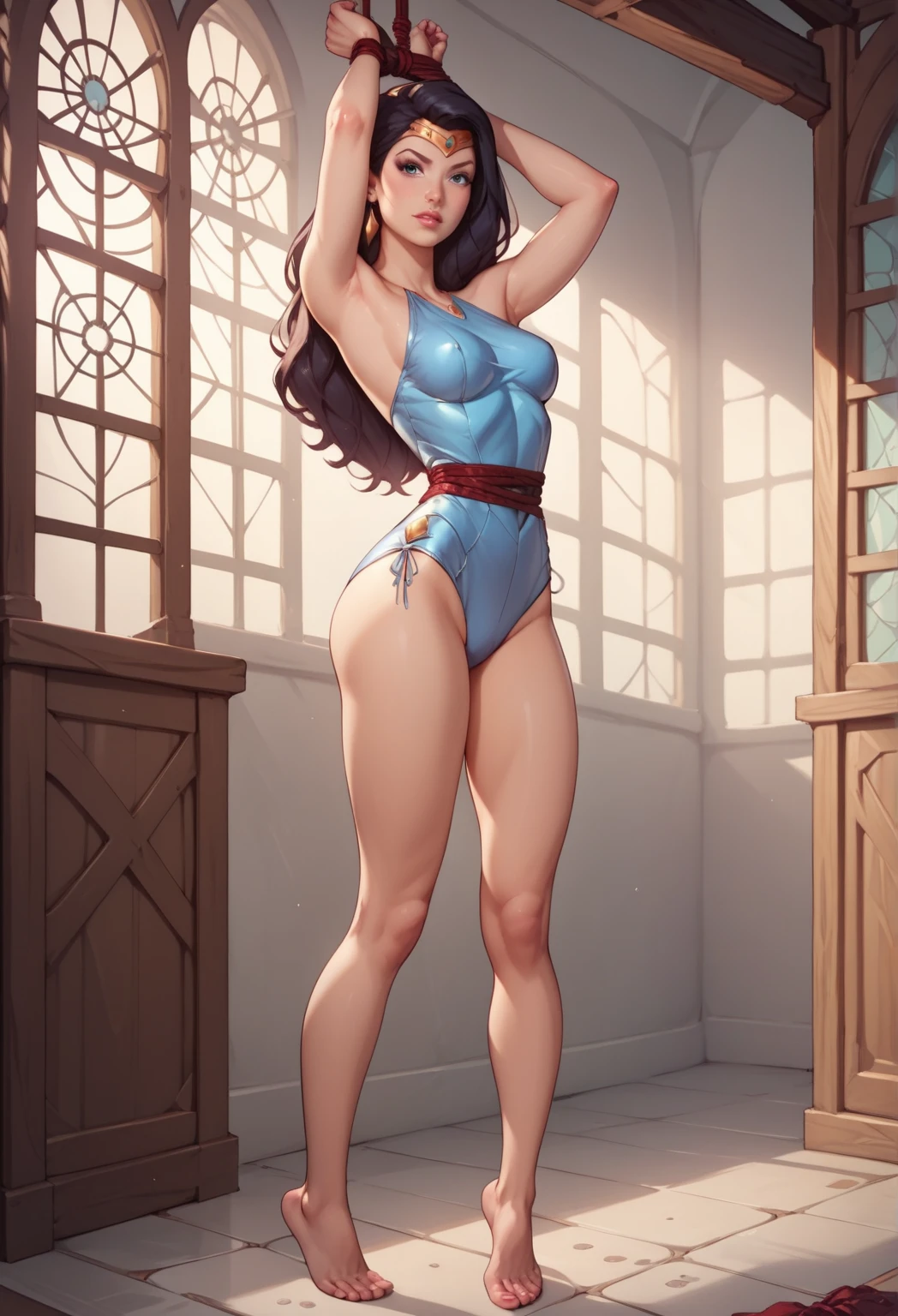 Body position: Standing, straight, symmetrical, barefoot, Lustful smile on face with red blush