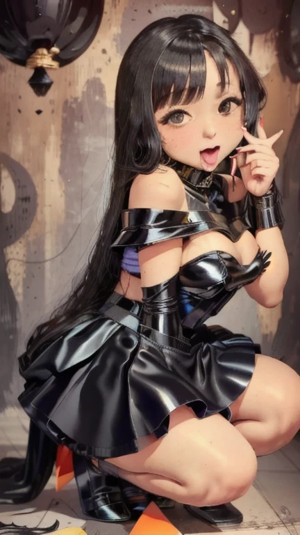 very young slim fit girl, (full body shot:1.4), rounded face, very long disheveled dark brown hair, big brown eyes, shy smile, perfect flat breast, band on head with fake cat ears, gothic lolita, parororo, short sleeves, choker with bell, frills, bows, ribbons, (close microdress:1.3), very short dress, (deep neckline:1.1), (hold hands behind back:1.2)