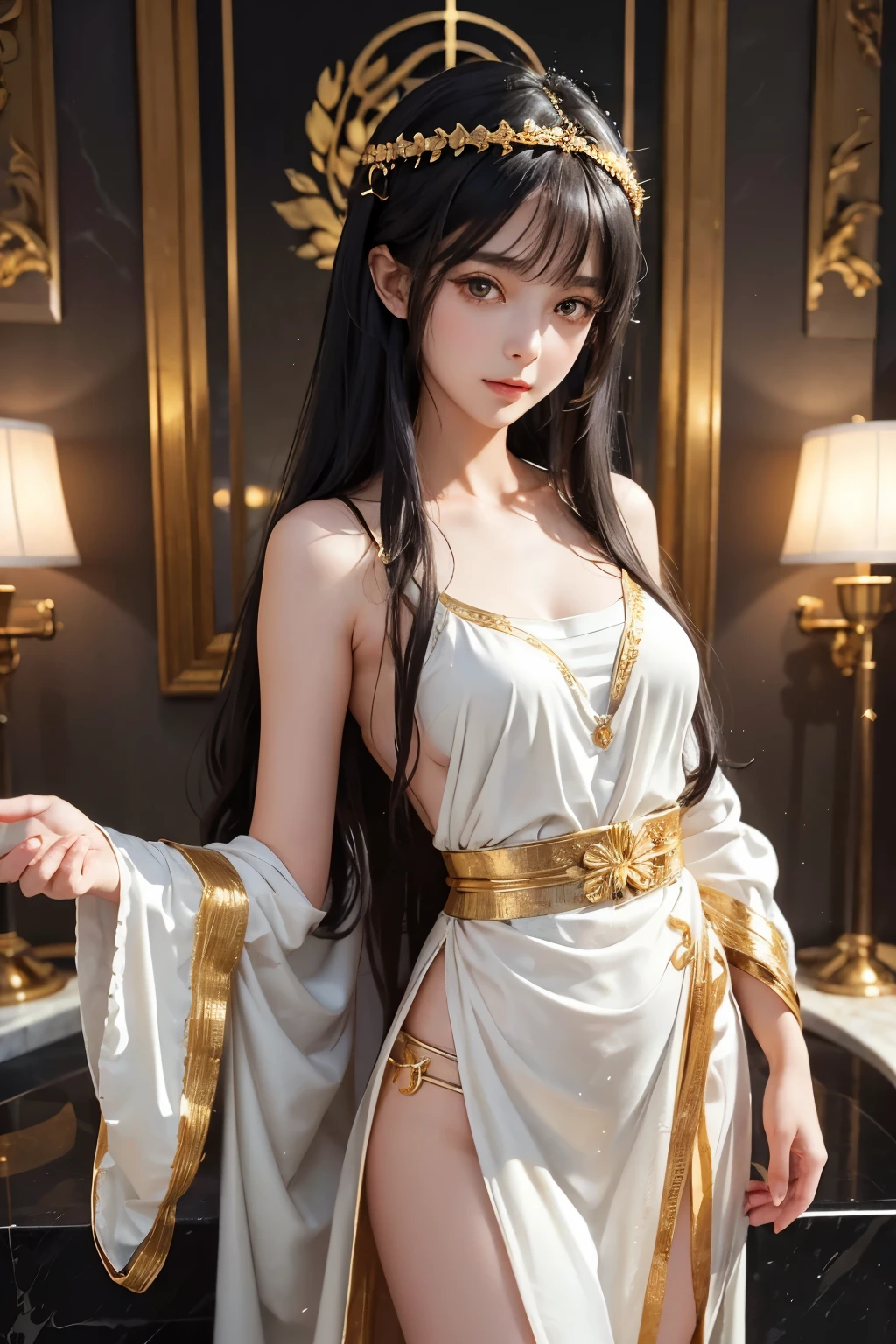 ultra high resolution、super high quality、8k、Detailed details、great expression、1 female、Tall and slender woman、long brown curly hair、White see-through dress with luxurious hair ornaments、luxury hotel dance party background、