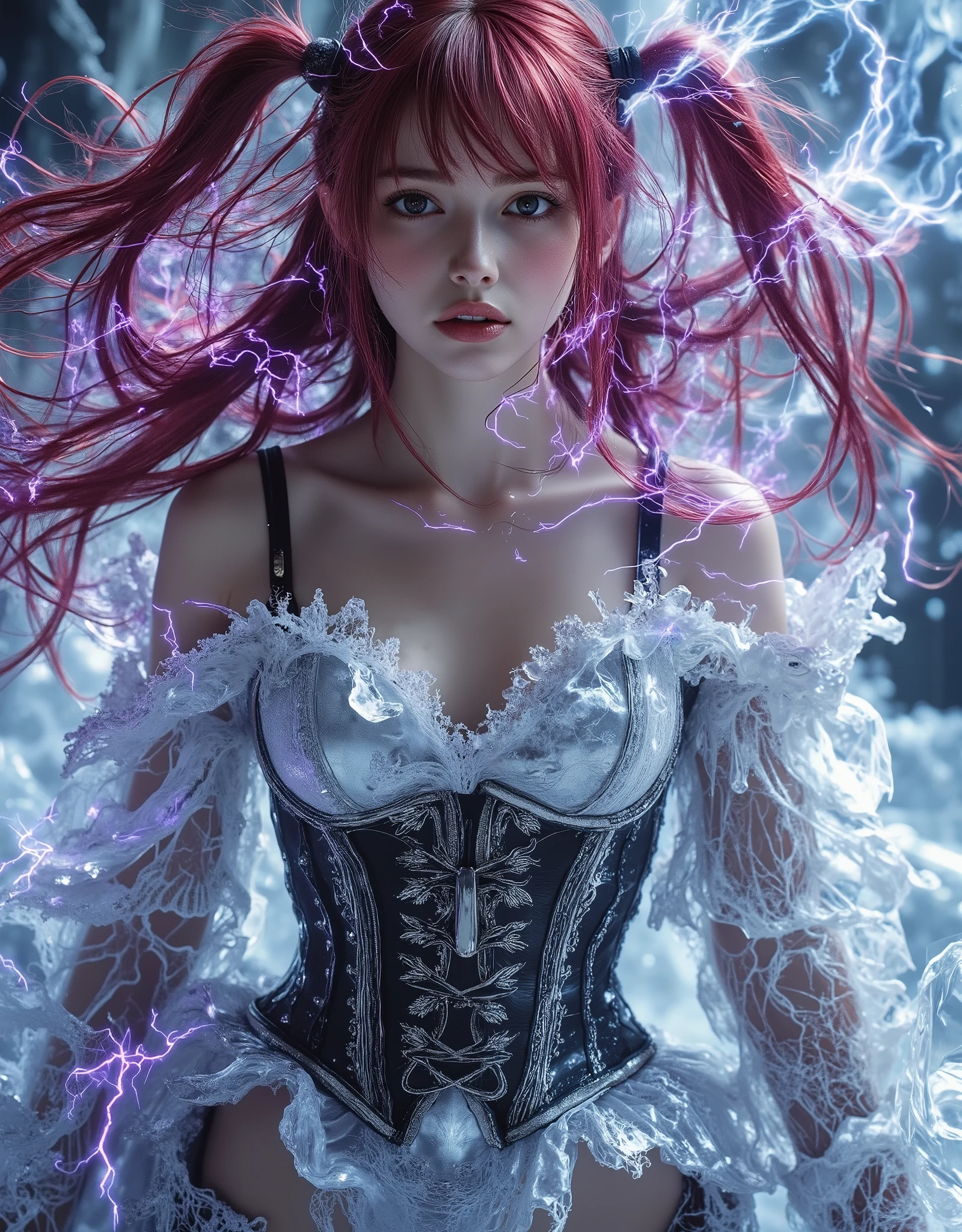 ((Top Quality, 16k, Masterpiece: 1.3)), photorealistic, extremely detailed CG unity 8k wallpaper, Depth of field, Cinematic Light, Lens Flare, fashion model 20 years old (extremely beautiful face, beautiful lips, beautiful eyes), (intricate detail face), ((ultra detailed skin)), I see Ultra Instinct surrounded by a purple aura and lightning (((full body shot))), 4k, 3D, Draw moving ice and fire flames, [[chest]], neck, [[bodysuit lacy lace-upp]], (Intricate detailed multi-layer bodysuit lacy lace-upp), [shoulders], all feet and breasts shod in armor of silver glass, and cristals (corset), twintails asymetrical long ((red hair)), 1Girl (beautiful crop top), (medium bust:1.8), (narrow waist, slanderous legs), perfect proportions, perky , (glaring ice eyes:1.6), The drawn enchanted fantasy land is frosty, with flying pieces of ice floating in the air and glowing energy crystals. this environment in the mist and magical vortex of thousands of ambient light elements, light reflections, including the environment (ice and fire crystals) glowing in the air. The girl's armor is made of silver glass, which absorbs the magical energy of the environment and releases it in the form of bright light. In this fantastic area there is a great spirit dragon (length: 125 m) and a thick one surrounding this fantastic masterpiece with all its greatness, illuminated accessories. This fantastic land is inhabited by a large flying serpent dragon with wings surrounding this fantastic masterpiece with all its wonderful accessories. The dragon-beast lies on the ice facing the viewer. The image of this fantasy land is shrouded in powerful, ((glowing light)), cristal sword, extremely detailed artgerm, beautiful elegant demon queen, (oli face: 1.3), (snowflakes burning with fire:1.5), (flames:1.5), ray tracing, (sparkle:1.8), UHD, (shiny:1.5), (light reflections:1.3), (crisp:1.7), Fujicolor, cinematic lighting