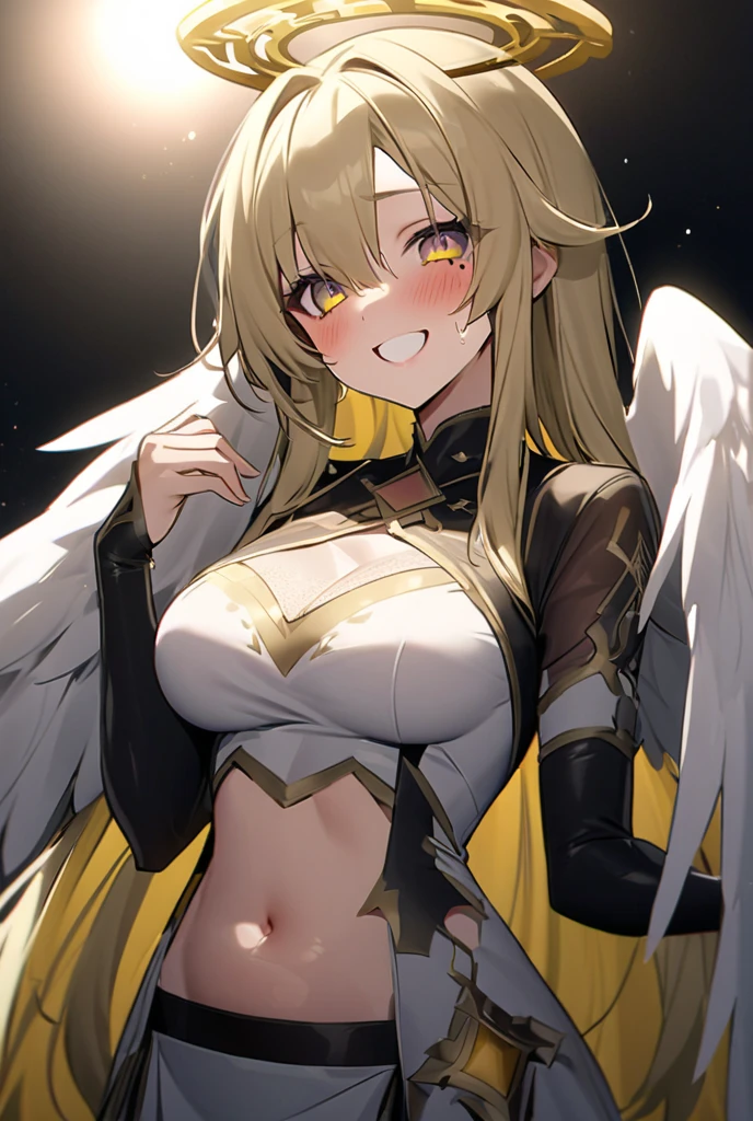 masterpiece, best quality, solo, 1girl, blonde-hair, wings, thighhighs, (very-long-hair), smile, wide-sleeves, navel, hair-ornament, blush, looking-at-viewer, detached-sleeves, open-mouth, frills, outstretched-arms, black-thighhighs, dress, oragen-eyes, half-closed-eyes, long-sleeves, bangs, breasts, center-opening, standing, angel-wings, white-wings, garter-straps, flower, parted-lips, bare-shoulders, navel-cutout